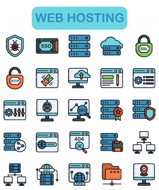 Web hosting icons set, lineal color style