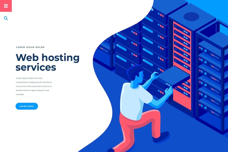Vector web hosting isometric vector illustration for landing page header template or web banner with copy space for text male character engineer in data center room interact with server computer