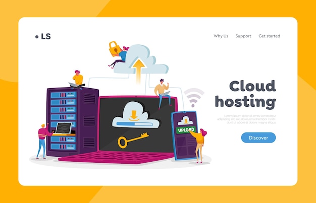 Modello di pagina di destinazione di web hosting. piccoli personaggi in enormi apparecchiature per laptop, telefoni e server. programmazione web, interfaccia di archiviazione cloud