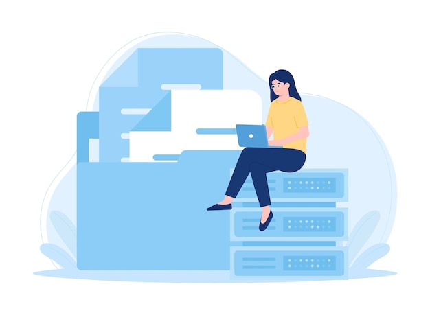 Illustrazione piana di concetto di tendenza della rete di archiviazione cloud di dati della tecnologia di archiviazione di database online di web hosting