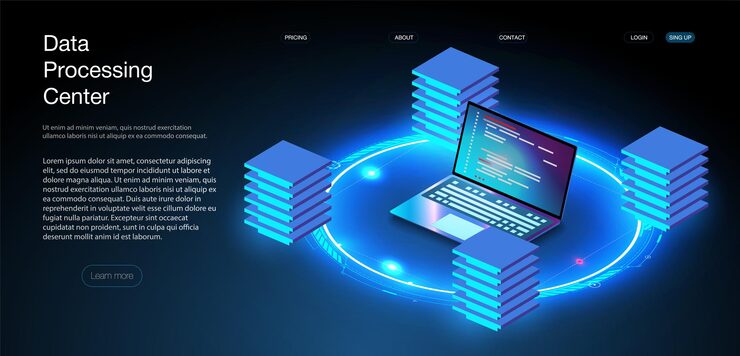 Vector web hosting or programming concept. web programming development, laptop with ui ux interface. computer web data center server isometric landing vector page. vector illustration