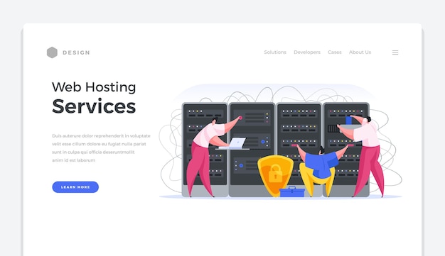 Web hosting services home page banner. specialists in software and online security set up data servers. secure internet connection and user data storage system with backup vector template.