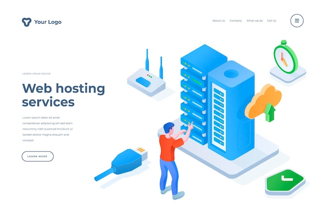 Web hosting services isometric landing page template cartoon programmer providing server technical support