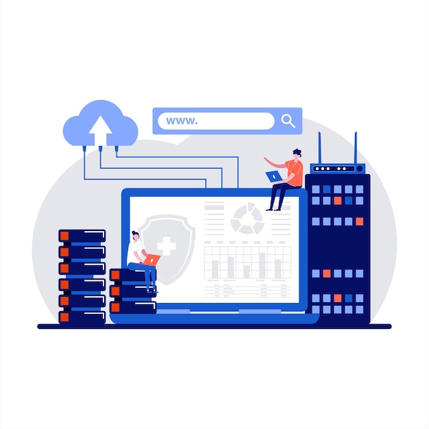 Vector web hosting with with users and developers using webhost servers data storage and database remote access in flat design