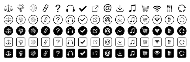 Web-icon set Doel koptelefoon gloeilamp vraag ketting notitie mand wifi mes vork lepel pijl cyclus vector webmerk vector