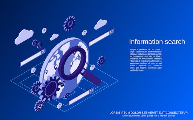 Illustrazione di concetto isometrico piatto di ricerca di informazioni web