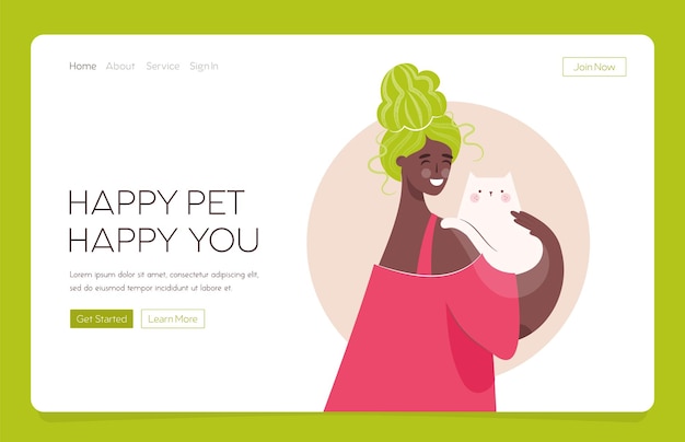 Web Landing template Happy black woman holding cat Pet ownership pet parent Happy Mew Year and cats day Adopt cats and make them happy Vector illustration