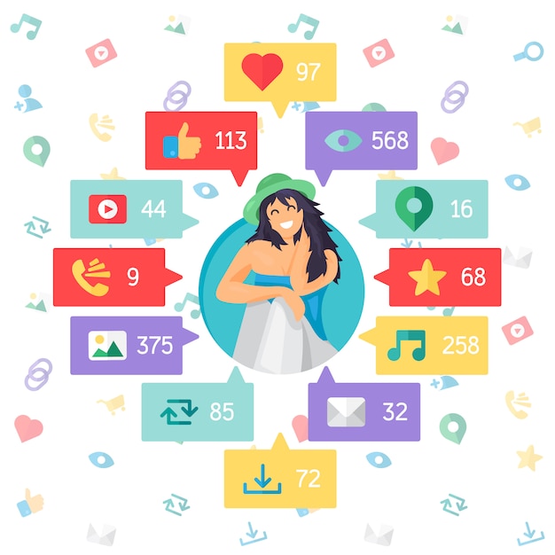 Vector web life of happy woman from blog and social networks, online shopping and email