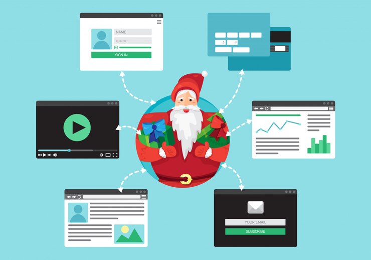 Vector web life of santa claus from video, blog, social networks, online shopping and email