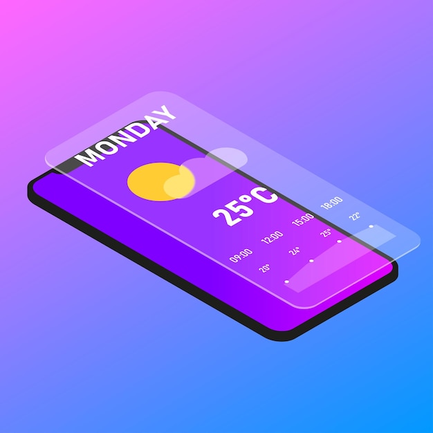 Web page of the application weather for phone in isometry weather for every day in the phone glassmorphic effect blur frosted glass