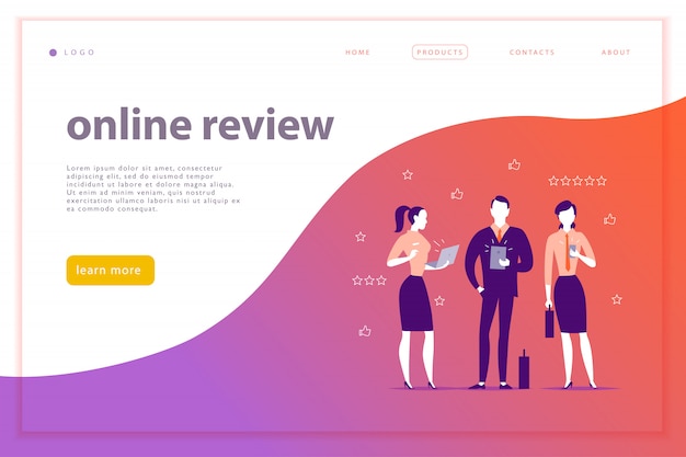 Web page concept design with online review theme. office people stand watching on mobile device screen - laptop, tablet, smartphone. thumb up, stars line icons. landing page