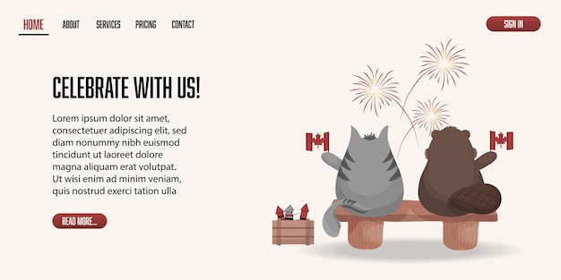 Progettazione di pagine web per la celebrazione del canada day con gatto e castoro che guardano i cartoni animati di fuochi d'artificio