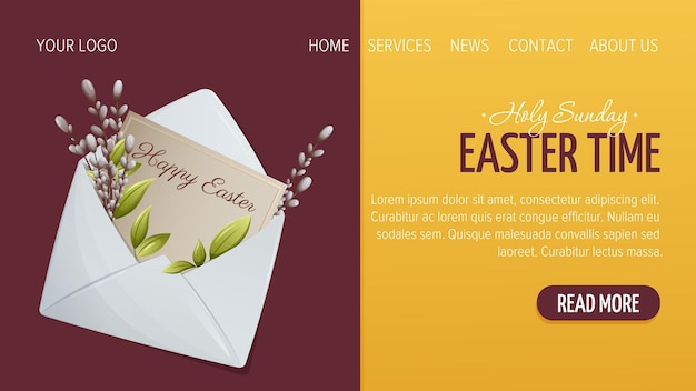 Vector web page design for happy easter. envelope with a wish and willow branches. vector illustration