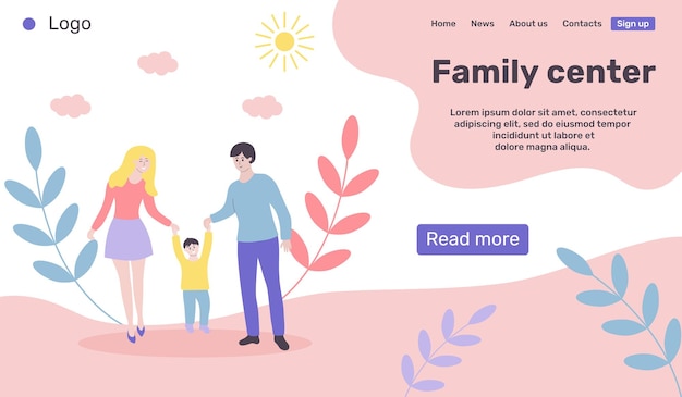 가족 센터를 위한 웹 페이지 디자인 템플릿 산책하는 행복한 젊은 가족 가족의 날 레저 스포츠