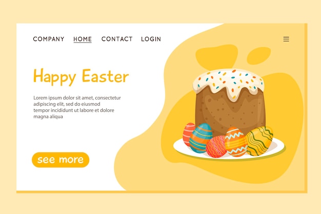 ハッピーイースターのウェブページのデザインテンプレート。イースターケーキと色付きの卵
