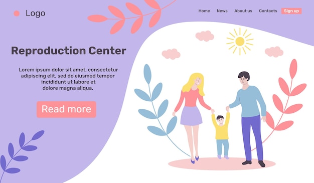 ベクトル 生殖センターのwebページデザインテンプレート散歩で幸せな若い家族家族の日余暇