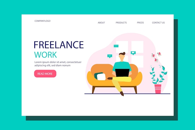 Шаблон дизайна веб-страницы. мужчина работает из дома. векторная иллюстрация в плоском стиле.