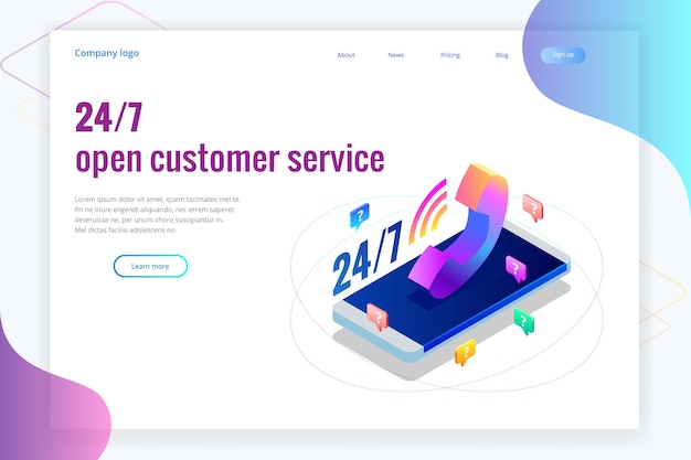 Vector web page design templates for call center support 24-7. isometric 24 hours open customer service. vector illustration customer service, support or crm.