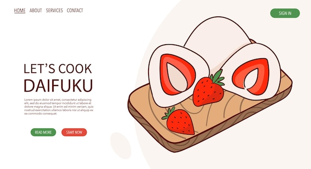 Pagina web draw giappone tradizione dolce mochi daifuku illustrazione vettoriale concetto di menu di cucina tradizionale asiatica giapponese banner sito web pubblicitario in stile cartone animato doodle