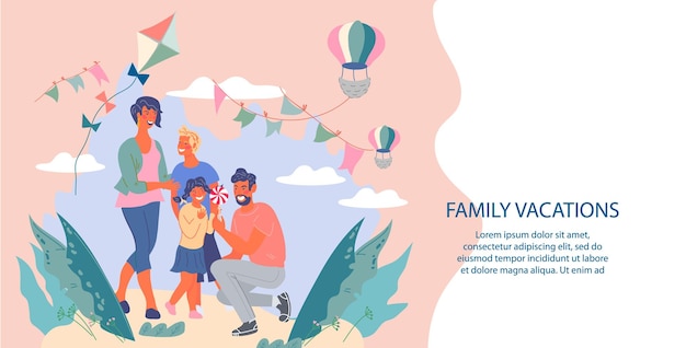 Vector web page for family vacations and holidays in park with parents and children