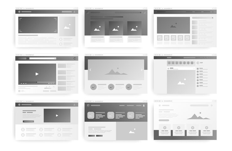 Vector web page layout website wireframe windows monochrome interfaces with blank frames social media network ui templates dashboard structures vector internet service prototypes set
