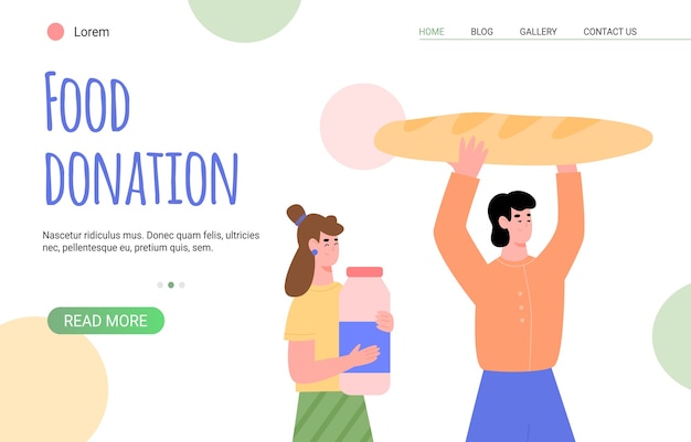 ボランティアの漫画との食糧寄付のためのウェブページのモックアップ