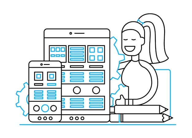 Ottimizzazione della pagina web - illustrazione vettoriale di linea moderna con dispositivi mobili e femmina sorridente