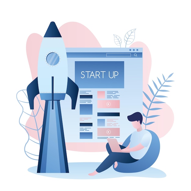 Web page and rocket take off Startup project development hipster guy with laptop male character