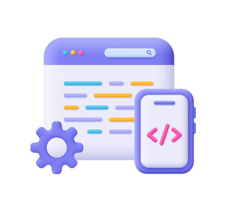 Vector 코드 기호와 기어 과 함께 웹 페이지 및 스마트폰 웹 개발 소프트웨어 엔지니어링 설정 및 도구 프로그래밍 및 코딩 개념 3d 터 아이콘 만화 미니멀 스타일