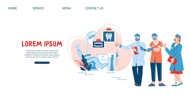 벡터 치과 의사 만화 벡터의 캐릭터가 있는 치과용 웹 페이지 템플릿