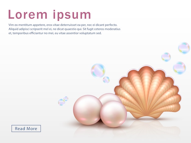 Web page template with realistic shell and pearls and colorful bubbles. seashell background