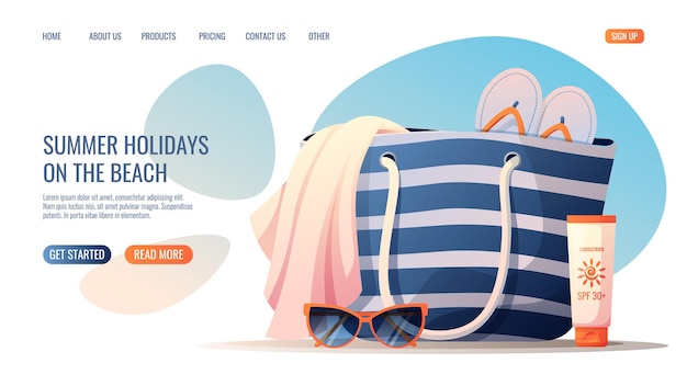 Web page template with summer beach accessories Concept for web banner and landing page