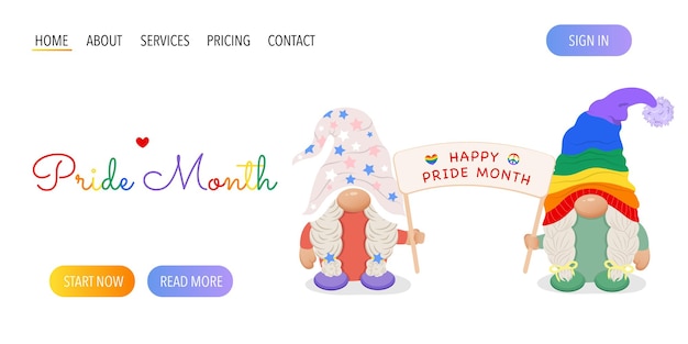 A web page with cute lesbian couple gnomes with poster that says happy pride month