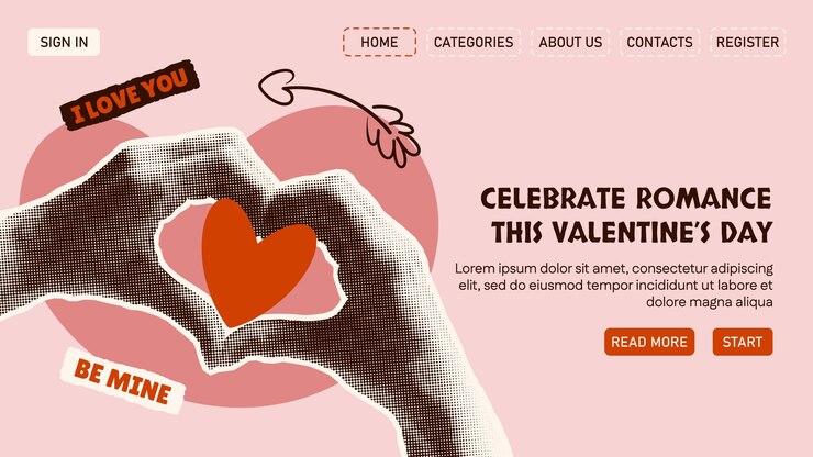 Vector web page with halftone hands forming a heart shape valentines day site design in a collage style