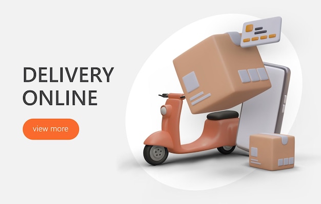 Web page with realistic 3d cartoon scooter smartphone and carton boxes Advertising poster landing page for delivery company Paying with credit card Vector illustration with button view more