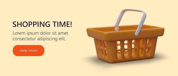 Web page with realistic 3d shopping basket Promotion banner for market shopping time concept