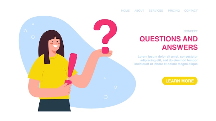 Vector web page with woman holding question and exclamation marks
