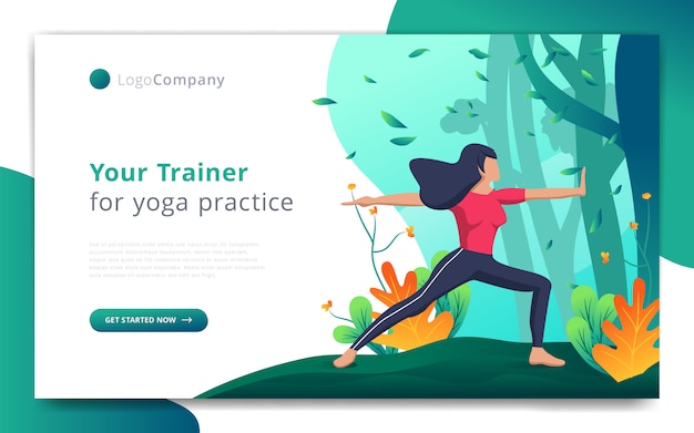 Vector web-pagina sjabloon van yoga trainer oefenen in open natuur website sjabloon