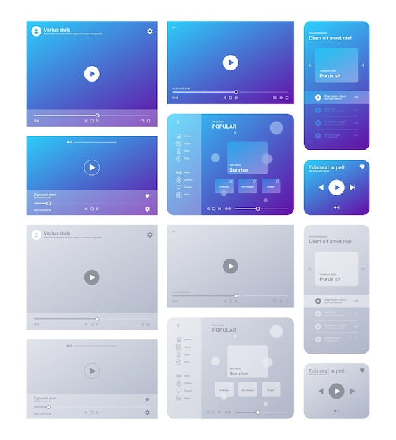 Web player interface video tube muziek radio platform ui sjabloon geluidsrecords digitale interface opzichtige vectorafbeeldingen set met plaats voor tekst schoon licht thema