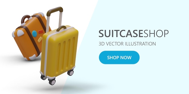 Web poster with 3d realistic suitcase with colored stickers and trolley bag