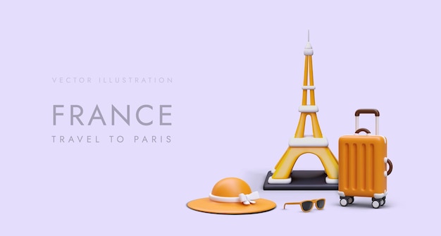 Web poster with 3d trolley bag hat sunglasses and big Eiffel Tower Travel around world