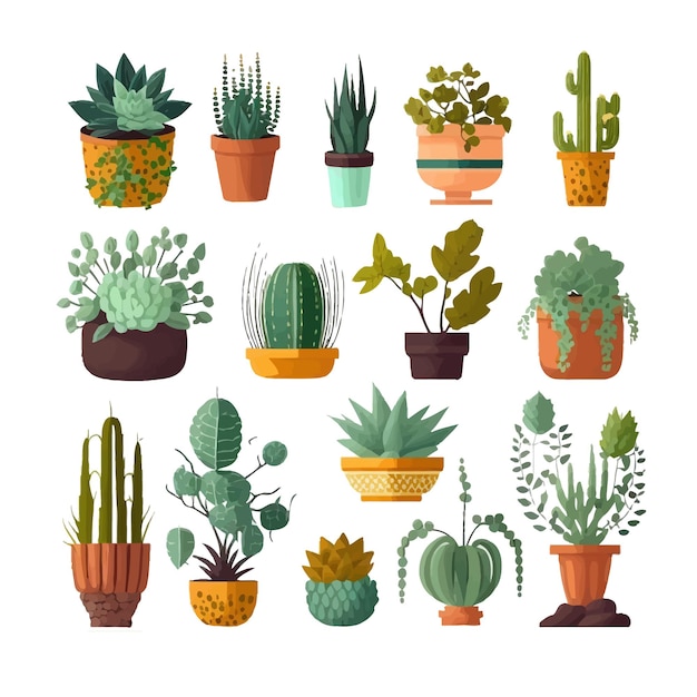 Web potted plants set isolated on background cartoon flat vector illustration