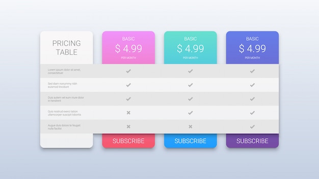 Web pricing table for business