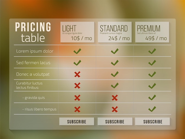 Web pricing table design for business on blur background