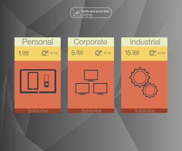 Tabella dei prezzi web disegno vettoriale per app web imposta le tariffe piano per il sito web in design piatto