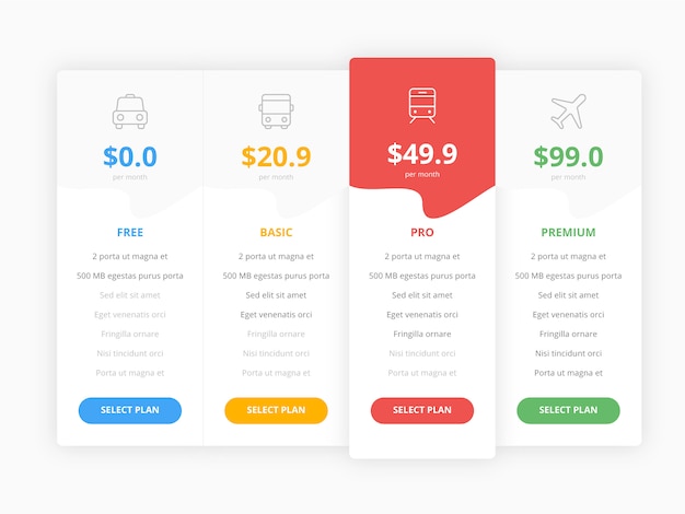 Vector web pricing table with four option template collection