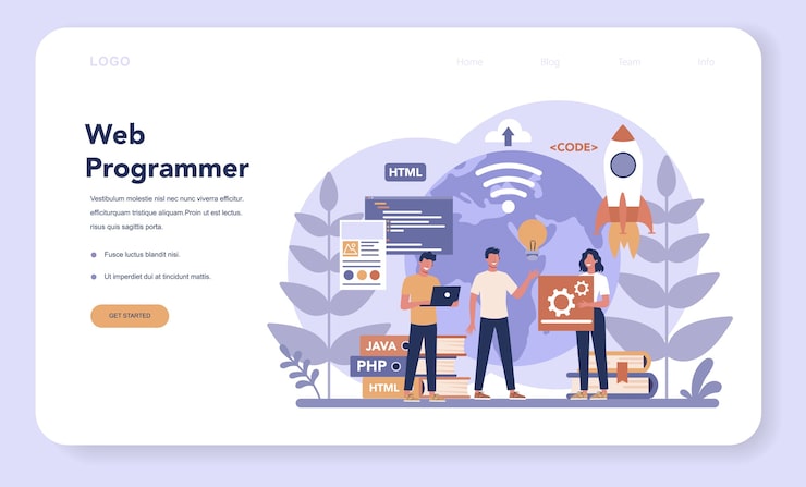 Vector web programming web banner or landing page. coding, testing and writing program for website, using internet and different software. website development . 