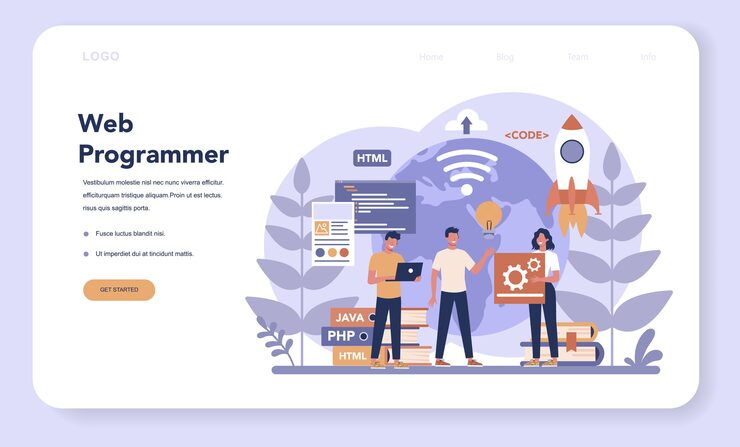 Vector web programming web banner or landing page. coding, testing and writing program for website, using internet and different software. website development . 