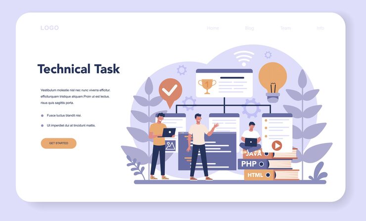 Vector 웹 프로그래밍 웹 배너 또는 방문 페이지. 인터넷 및 다른 소프트웨어를 사용하여 웹 사이트를위한 코딩, 테스트 및 작성 프로그램. 웹 사이트 개발.