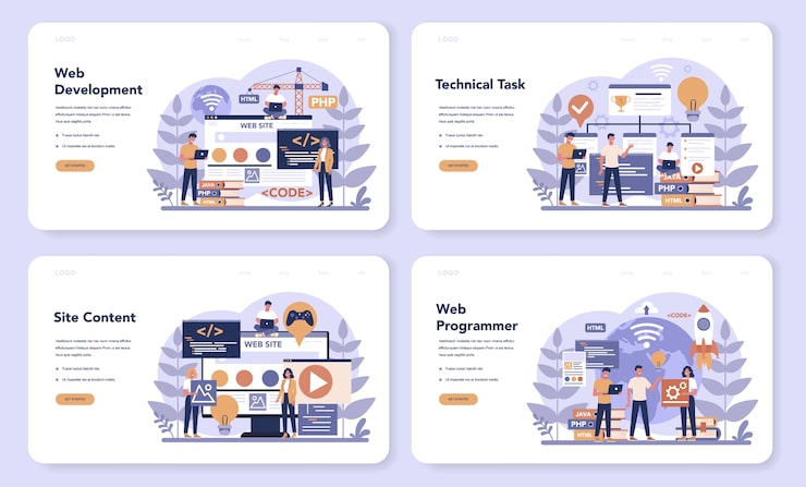 Vector web programming web landing page set. coding, testing and writing program for website, using internet and different software. website development . isolated vector illustration